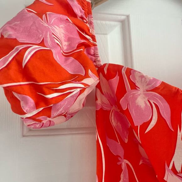 Lena Orange and Pink Floral Off the Shoulder Midi Dress Medium - Picture 4 of 6